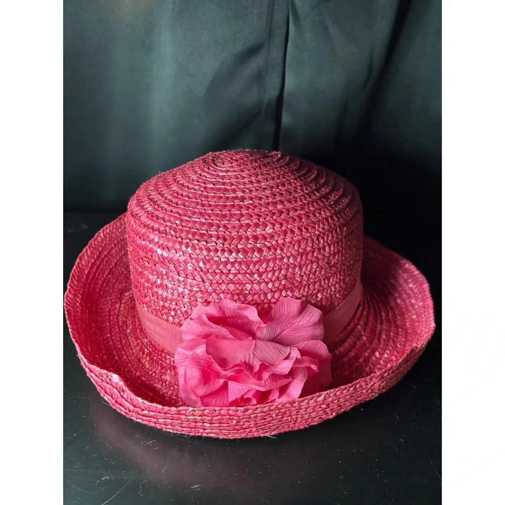 Vintage Magenta Pink Straw Sun Hat Wide Brim Floral Ribbon Accent Summer Beach